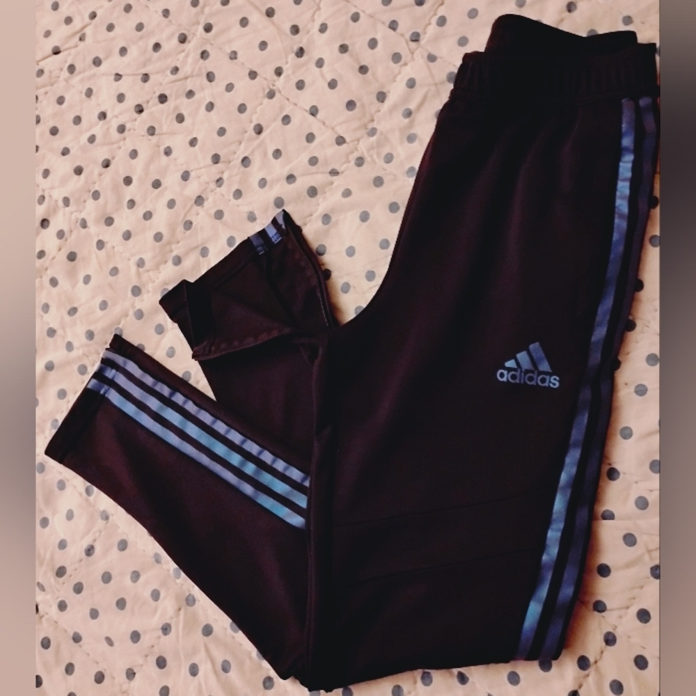Adidas Navy Shimmer Stripe Zip Leg Athletic Pants. boysL WomensS